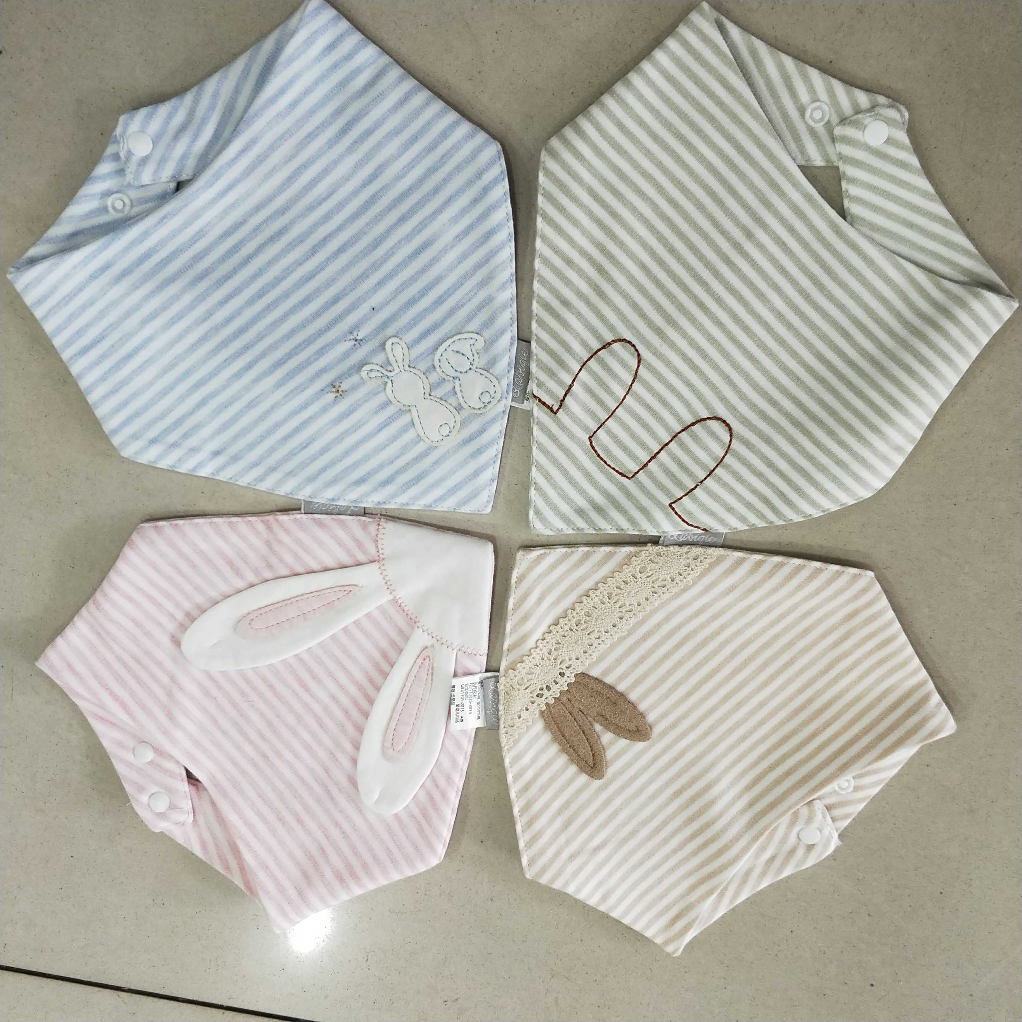 Cute rabbit embroidered colorful cotton striped triangle towel Rabbi penguin male and female baby saliva towel a pack of two