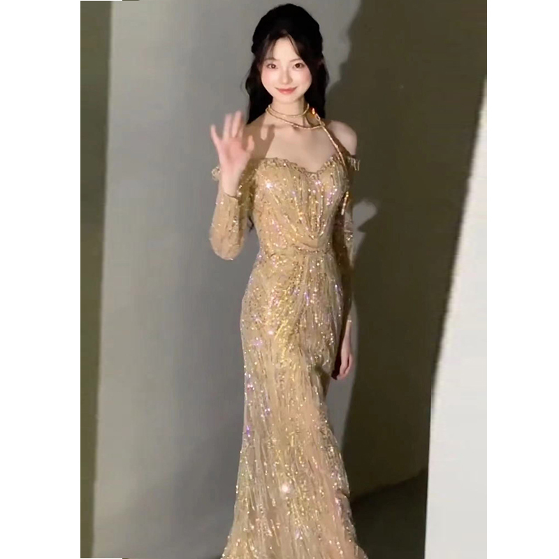 Golden Annual Meeting Evening Dress for Women, High-End Hostess, Student Day, Coming-Of-Age Ceremony, Talent Show, Socialite, Fishtail Toast Dress, Bride