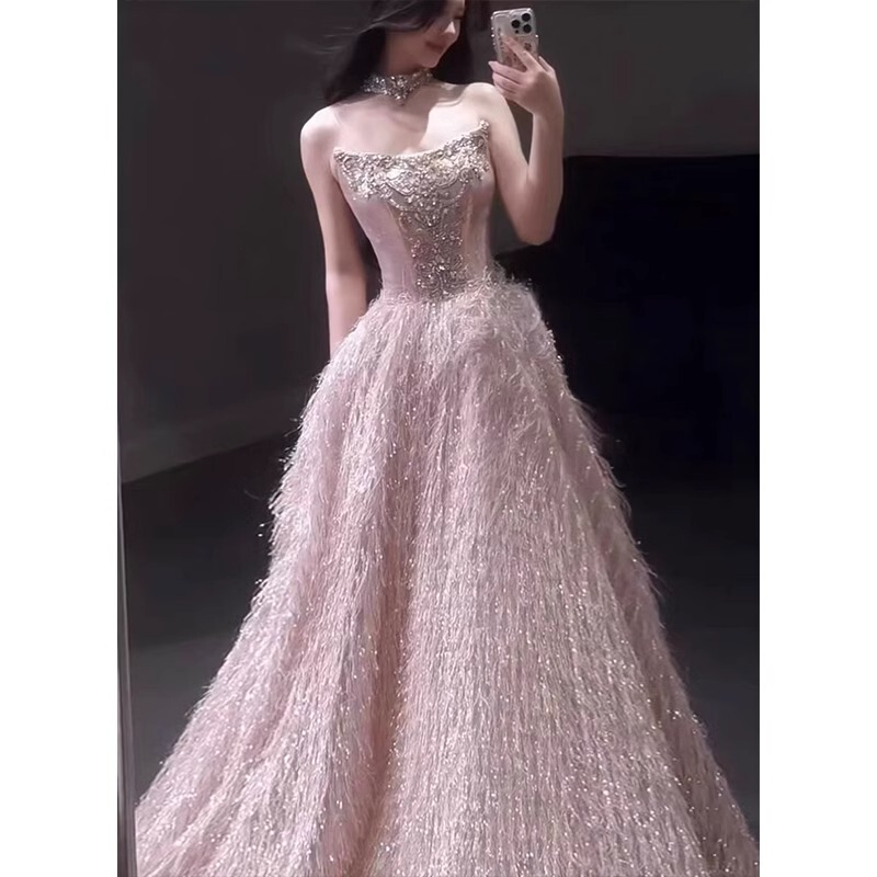 Pink Engagement Evening Dress for Women, High-End Student Coming-Of-Age Ceremony Princess Dress, Sparkling Toast Dress, Bride-Like Elegant Annual Party Dress Pink Engagement Evening Dress for Women, High-End Student Coming-Of-Age Ceremony Princess Dress, Sparkling Toast Dress, Bride-Like Elegant Annual Party Dress