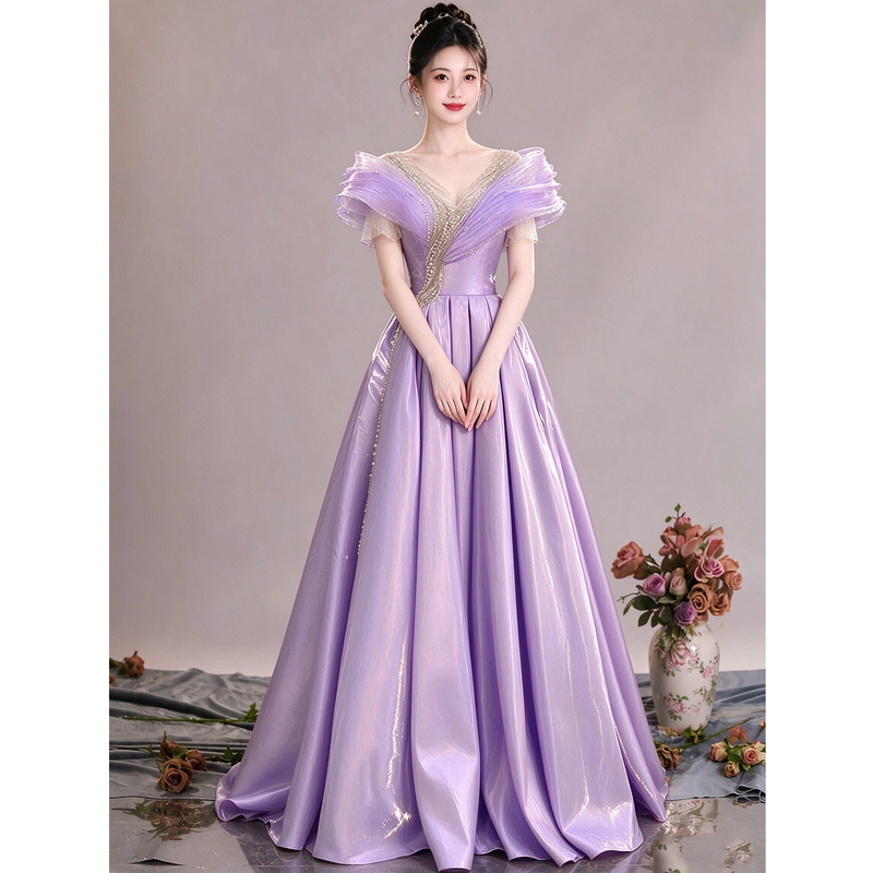 Purple Folk Singing Solo Evening Gown for Hostess, High-End Elegant Off-The-Shoulder Heavy Beading Princess Performance Dress Purple Folk Singing Solo Evening Gown for Hostess, High-End Elegant Off-The-Shoulder Heavy Beading Princess Performance Dress