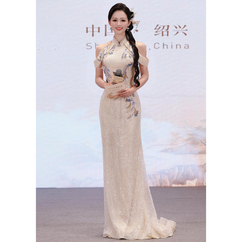 Hostess Evening Dress for Women, Light Luxury, Niche, High-End, Annual Meeting, Art Exam, Ethnic Vocal Music, New Chinese Style, Guzheng Performance Costume