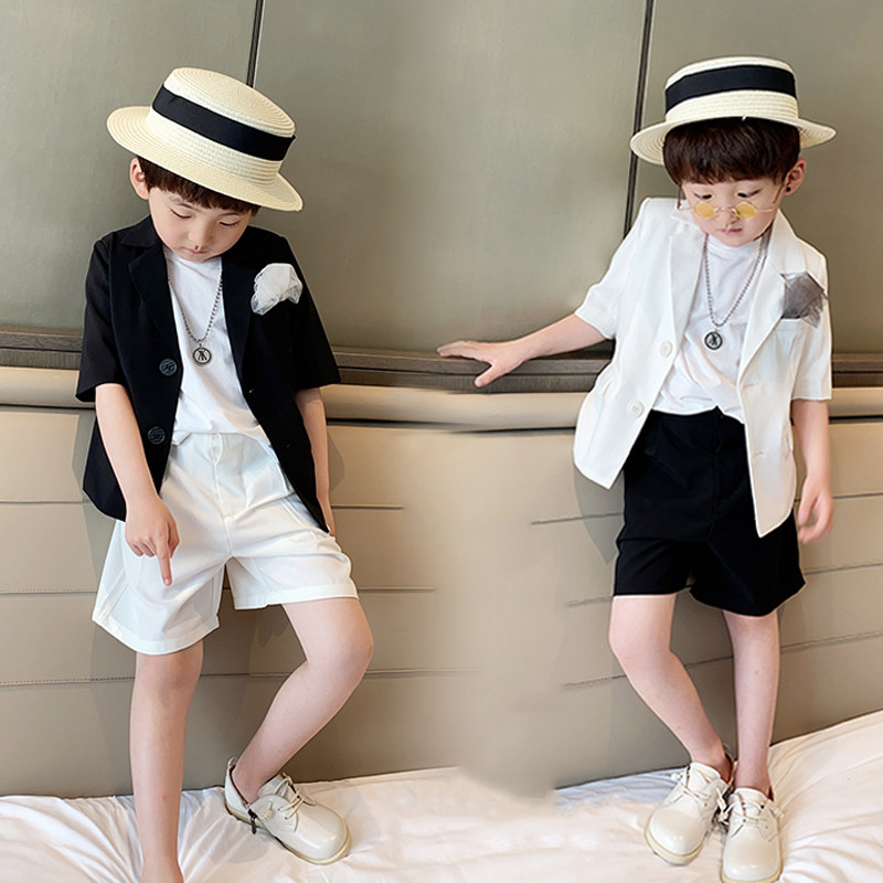 Summer boy small suit jacket Shuai qi Children casual Western suit Two sets of foreign flower children walk show suit suit