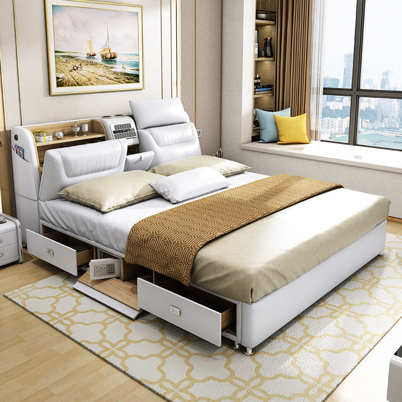 Head Layer Bull Real Leather Bed Modern Minimalist style light extravagant master bedroom 1 5 m 1 8 m solid wood Home Double big wedding bed