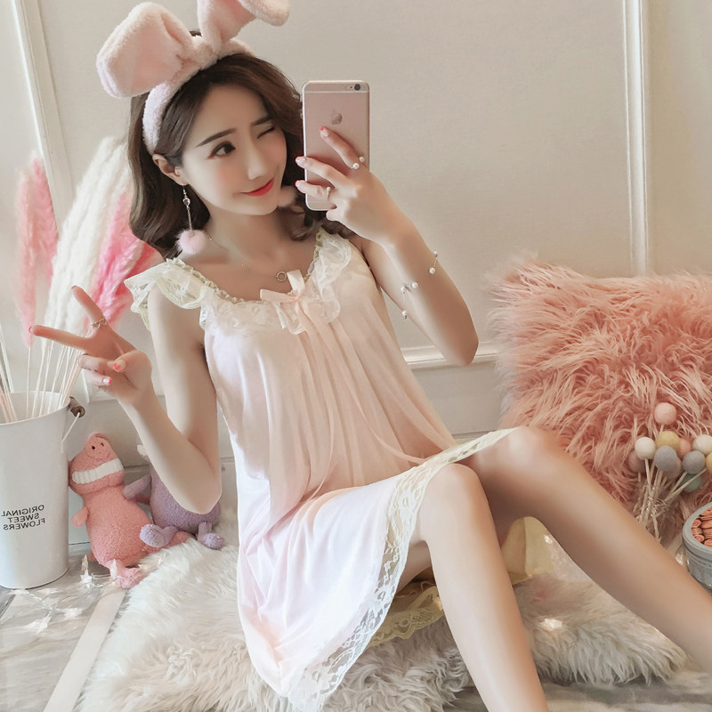 Sleeping Skirt Woman Summer Harness Pure Cotton Male Main Wind Sexy Slim White Fairy Wind Pyjamas Skirt Summer With Chest Cushion