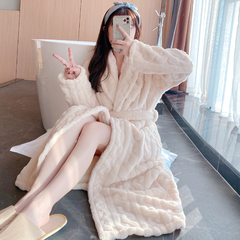Pure Color Thickened Coral Suede Sleeping Gown Woman Autumn Winter Autumn Winter Sexy Warm Medium Long Version Pyjamas Palate Bathrobe Home Clothing