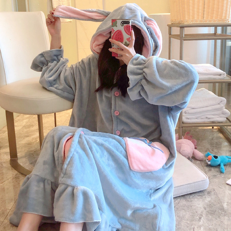 Cartoon Cute Rabbit Ears Pyjamas Woman Autumn Winter Thickened Flannel Pyjamas with cap Long sleeves Sleeping Skirt Bathrobe Woman Winter