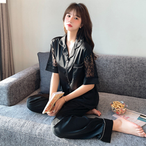 Lace Short Sleeve Pyjamas Woman Summer Ice Silk Sexy Thin style long pants pure color emulation Silk Home Suits Two Suits