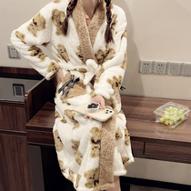 Sleepwear Net Red Autumn Winter New Coral Suede Cartoon Cute Little Bear Thickening Warm Lengthened Paragraph Sleeping Robe Woman