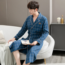 High level sense blue striped plaid pure cotton sleeping robe male increased code loose medium length full cotton mens bathrobe pyjamas