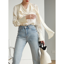 LemonChen Chuo Silky Japanese jin Triacetate Design Sense Long Ribbon Corn Satin Shirt