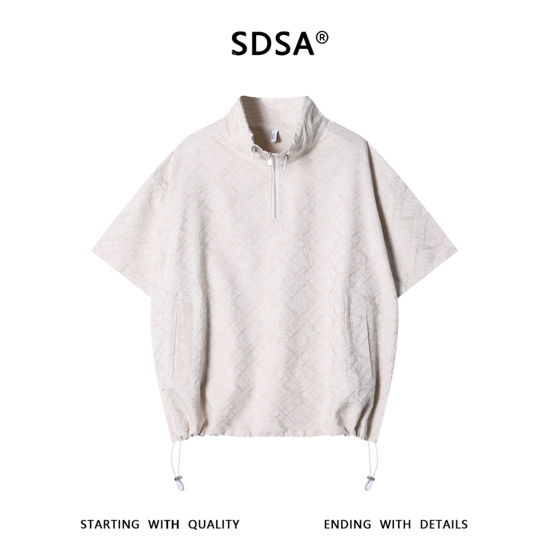 Sdsa Men's Clothing 2026 New Jacquard Plaid Half-Zip Stand-Up Collar Short-Sleeved T-Shirt with Drawstring Design at the Hem, Versatile Sdsa Men's Clothing 2026 New Jacquard Plaid Half-Zip Stand-Up Collar Short-Sleeved T-Shirt with Drawstring Design at the Hem, Versatile