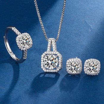 Square package three-piece set of eight hearts and eight arrows zircon jewelry rings, earrings, pendants, versatile fashion niche design set