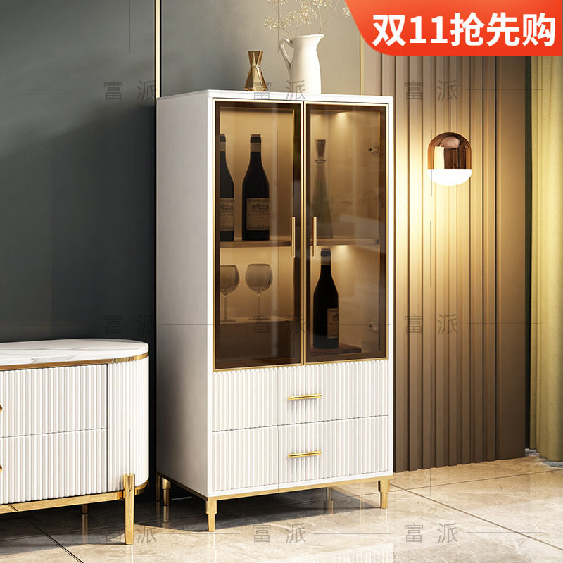 Light luxury TV side cabinet modern minimalist living room storage storage high-grade lacquered slate double door glass high and short wine cabinet