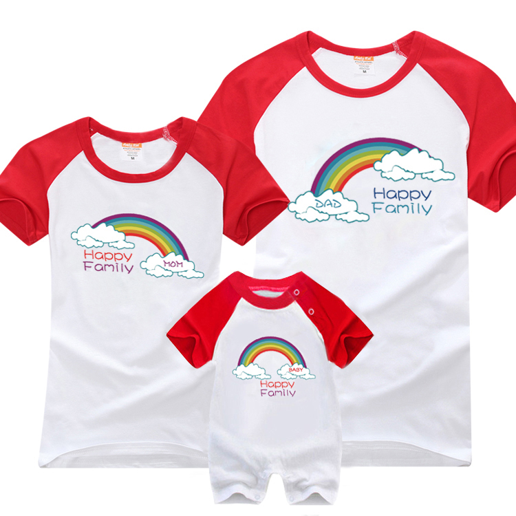 Thiết bị bố mẹ-con cộng với phân bón XL cotton mùa hè ba áo 2018 mới raglan đỏ và trắng kẹo mút gia đình áo gia đình