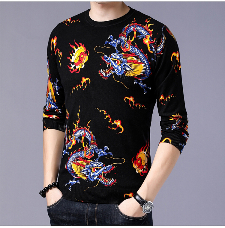 Mùa xuân và Mùa Thu In Mỏng Áo Len Nam Vòng Cổ Dài Tay Áo Cá Tính Rồng Pattern T-Shirt Nam Loose Đáy Đan Áo Len