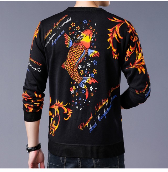 Áo len nhung dày cho nam mùa thu và mùa đông cổ tròn áo len cashmere áo len in hoa chim len đan áo len chạm đáy nam blazer nam