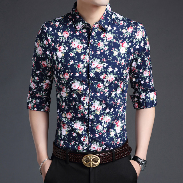 Spring and Autumn Youth Floral Shirt Men's Long Sleeve Printed Thin Slim Shirt Fashion Pure Cotton Inch Shirt Men's Clothing