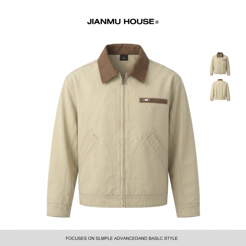 Jianmu House Classic Mid-Century Style Khaki Contrast Color Plaid Collar Jacket All-Cotton Heavyweight Short Jacket