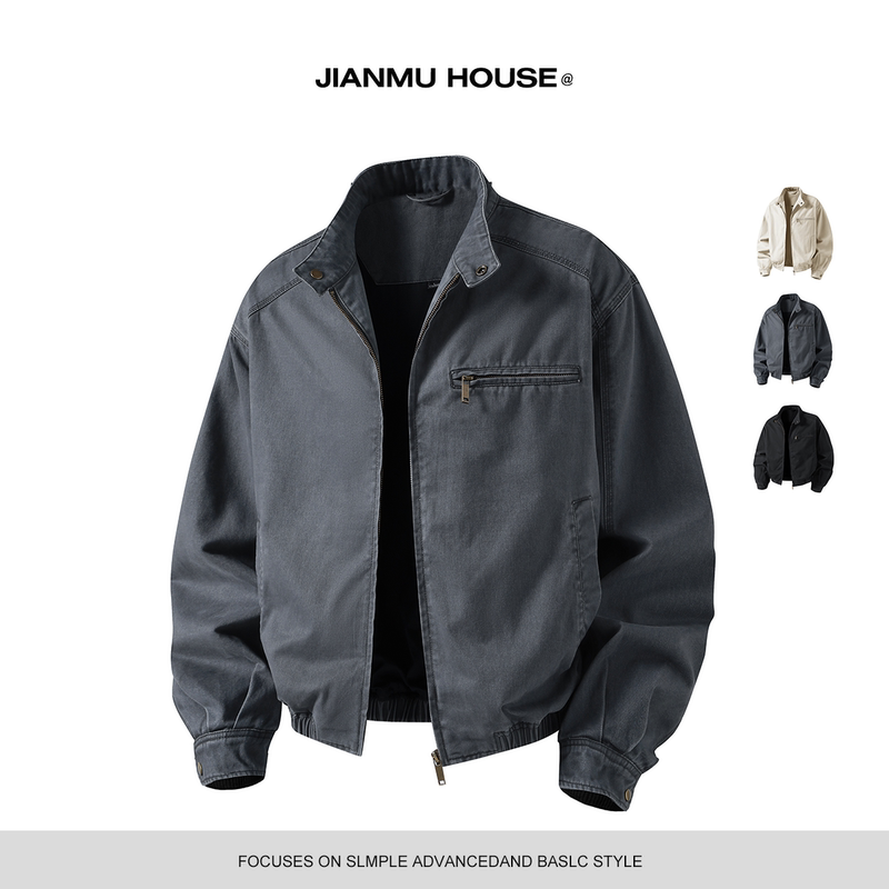 Jianmu House American Retro Washed Canvas Stand Collar Jacket Autumn Workwear Baseball Jacket Harrington Coat