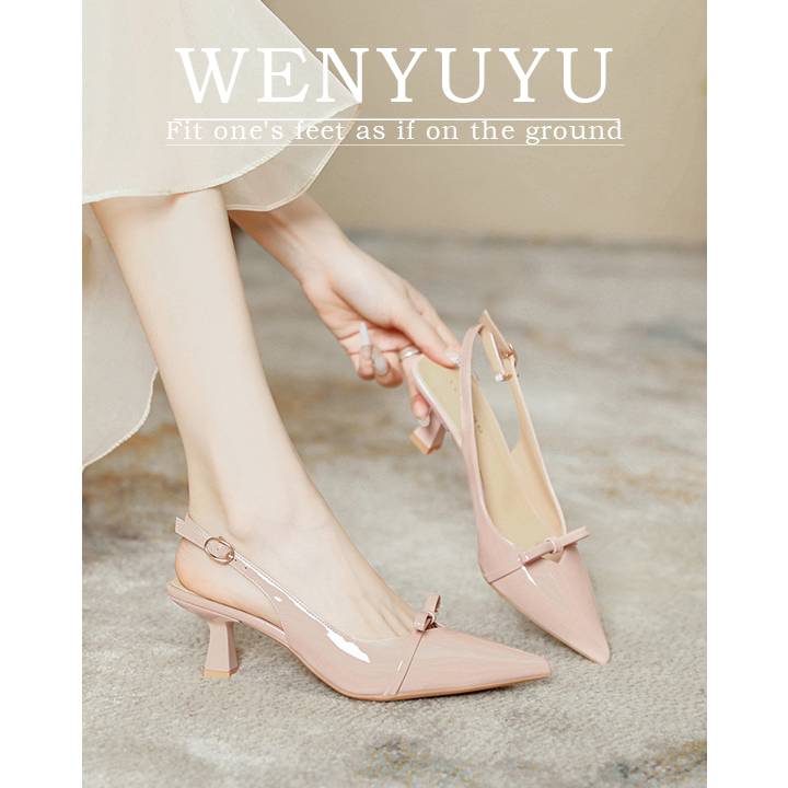 Wen Yuyu Pink High Heels for Women 2025 Summer New French Style Bow Backless Stiletto Sexy Lightweight Single Shoes
