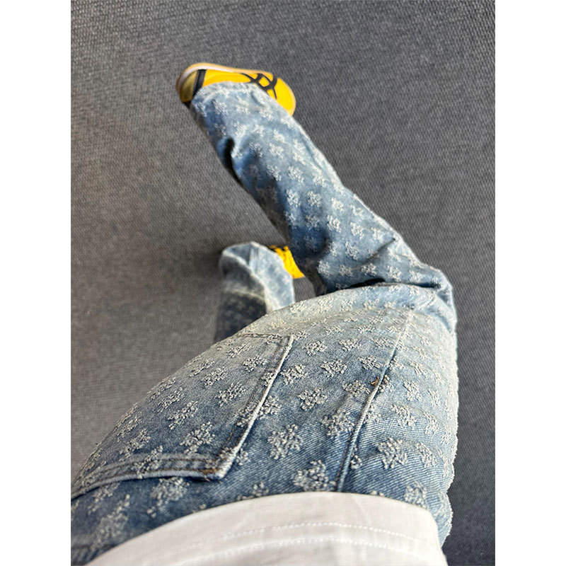 American High Street Vibe Jacquard Straight-Leg Jeans for Men, Spring and Summer Trendy Brand, Cool and Stylish, Slim Fit, Slightly Flared Pants American High Street Vibe Jacquard Straight-Leg Jeans for Men, Spring and Summer Trendy Brand, Cool and Stylish, Slim Fit, Slightly Flared Pants