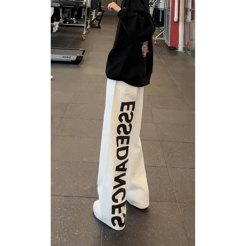 White Letter Print Straight-Leg Jeans for Men, Spring and Summer American Style Trendy Brand Wide-Leg Flared Pants, Cleanfit Scimitar Pants