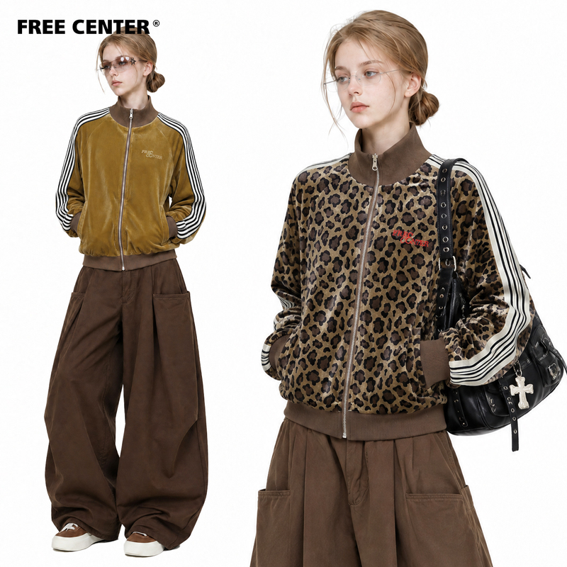 Freecenter Reversible Leopard Print Stand Collar Jacket for Men and Women, New American Style Sports Casual Cardigan for Autumn Freecenter Reversible Leopard Print Stand Collar Jacket for Men and Women, New American Style Sports Casual Cardigan for Autumn