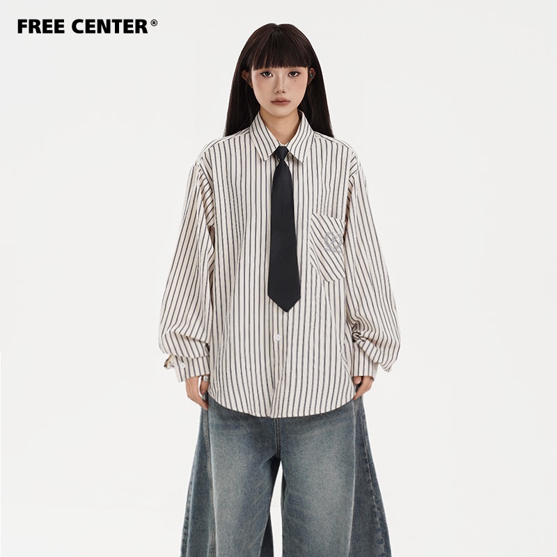 Free Center American Retro Lazy Style Striped Shirt for Women, Ins Casual Loose Versatile Boyfriend Style Shirt Free Center American Retro Lazy Style Striped Shirt for Women, Ins Casual Loose Versatile Boyfriend Style Shirt