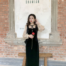 2022 new style vintage Herbbon wind stand with lace splicing long sleeves fake two gold velvet dress and dresses for autumn and winter