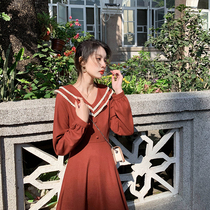 2022 Autumn Dress New Vintage Retro Sen Ensemble Red Long Dress Autumn Winter Display Slim weight loss Baby Collar Lace Lace Lace Dress