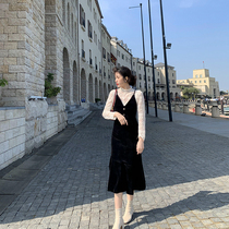 Deng Liusix Palace Tingfeng Antique Fish Tail Skirt Autumn Winter Fasting waist display slim black light Core velvet sling one-piece dress