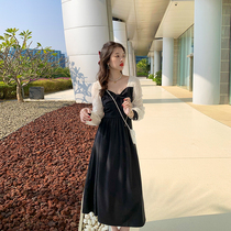 2022 Spring loaded with new advanced sense temperament to be slim and long dresses black square collar lace splicing one-piece dress