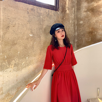 2021 new tea card Salt Lake skirt beach dress seaside resort thin waist temperament red dress women Summer
