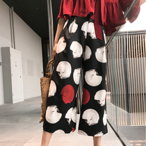 Printed wide-legged pants womens summer high waist drenched ice silk chiffon casual pants retro seaside vacation thin foreign atmosphere