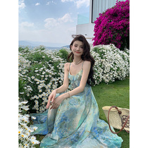 Deng Liuliu gentle style ruffled oil painting long skirt seaside vacation beach skirt large skirt suspender dress women summer