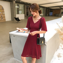 2021 popular summer skirt French vintage skirt V collar slim ice silk knitted dress female slim temperament