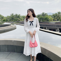 Spring dress new 2022 French style square collar butterfly knot slim fit slim fit high level sensational white lace dress