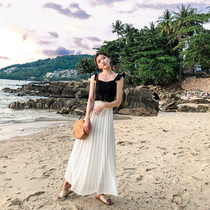 Beach skirt seaside holiday high-waisted womens two-piece black wild suspender small jacket summer