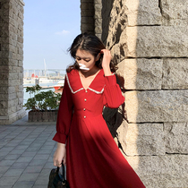 Spring clothing 2022 New womens style dolls collar long skirts Hebbon Wind collection waist display slim red snowspun dress
