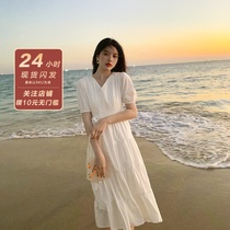2022 summer dress new Sanya beach dresses woman seaside holiday superfairy first love nepotism dress slim white cotton linen dress