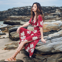 Thailand Bali Hainan Sanya beach dress women seaside holiday skirt Bohemia floral red dress summer
