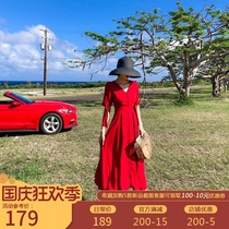 2021 new beach dress women seaside holiday long skirt thin covering meat tea card Salt Lake red chiffon dress