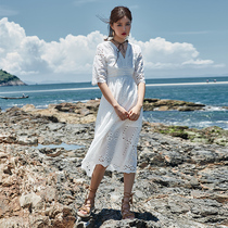 Thailand Phuket Beach Dress Women Summer 2021 New Long Skirt V Collar Slim White Lace Open Dress
