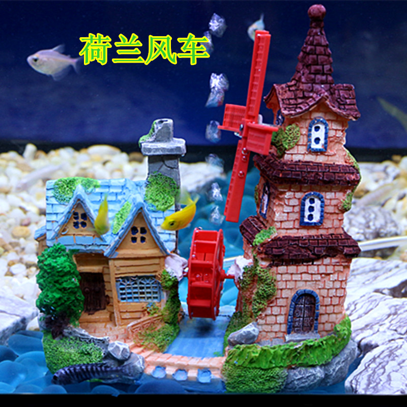 Small villa fish tank decoration landscaping windmill waterwheel house castle aquarium ornaments Pneumatic windmill Villa small building