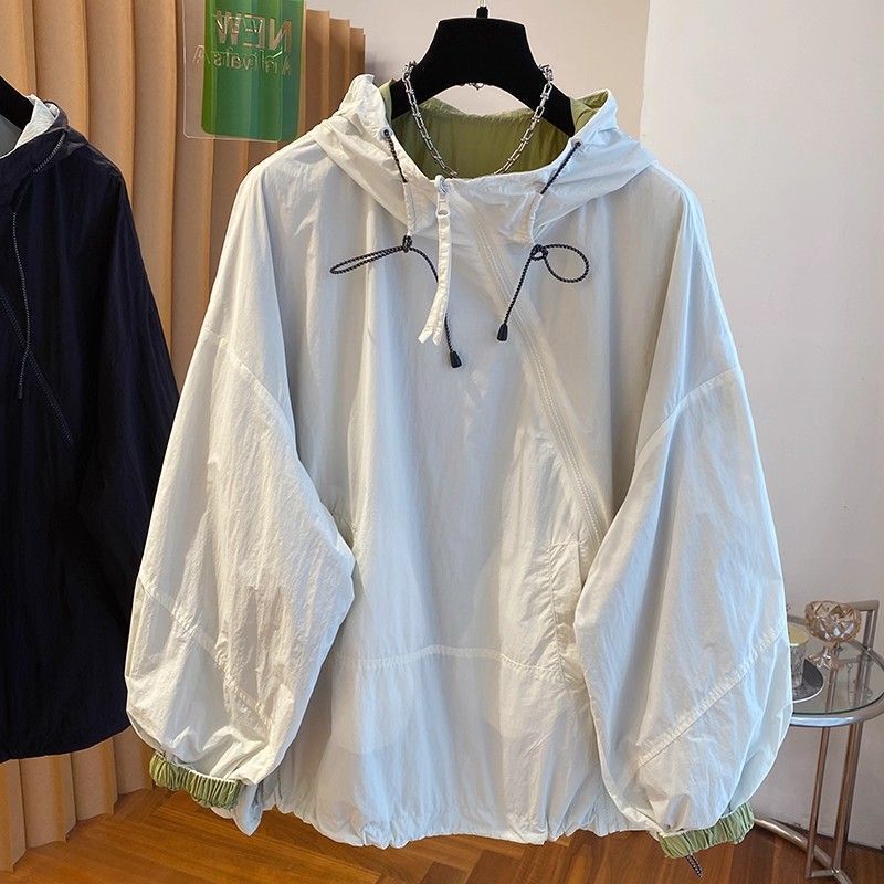 Plus Size 150kg Diagonal Zipper Reversible Hooded Jacket for Men and Women, Spring & Fall New Style, Loose and Versatile Sun Protection Top