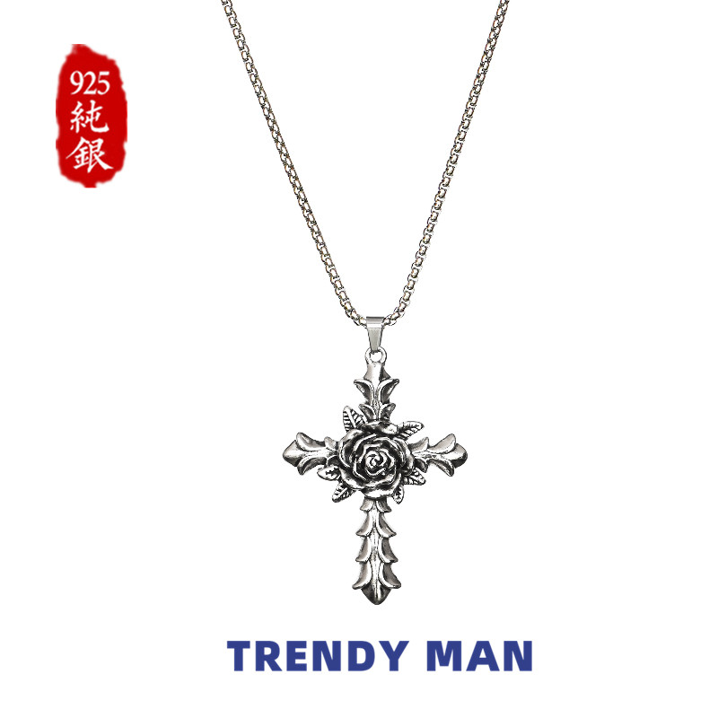 Sterling Silver Roman Crown Cross Rose Necklace Men's Trendy Summer Hip-Hop European and American Style Sweater Chain Pendant