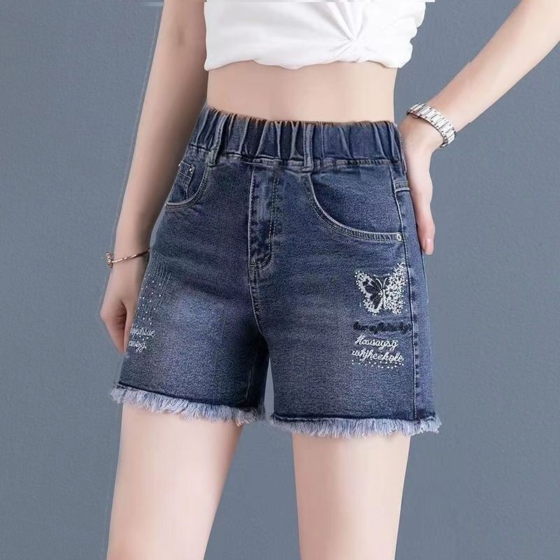 Elastic Waist Thin Quarter Pants Denim Shorts Women's Summer New High-Waist Slim Straight Loose Embroidered Hot Pants