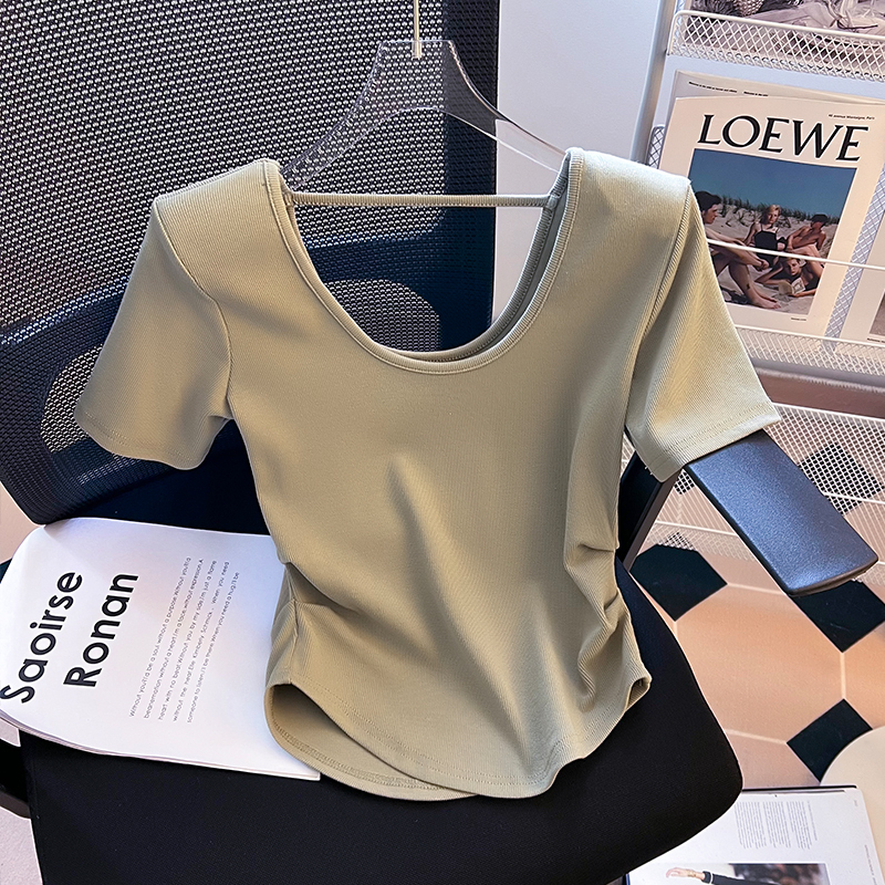 American-Style Chic Shoulder-Padded T-Shirt for Women, Short-Sleeved, 2026 New Summer U-Neck Backless Top, Half-Sleeve Pure Cotton Trendy T-Shirt American-Style Chic Shoulder-Padded T-Shirt for Women, Short-Sleeved, 2026 New Summer U-Neck Backless Top, Half-Sleeve Pure Cotton Trendy T-Shirt