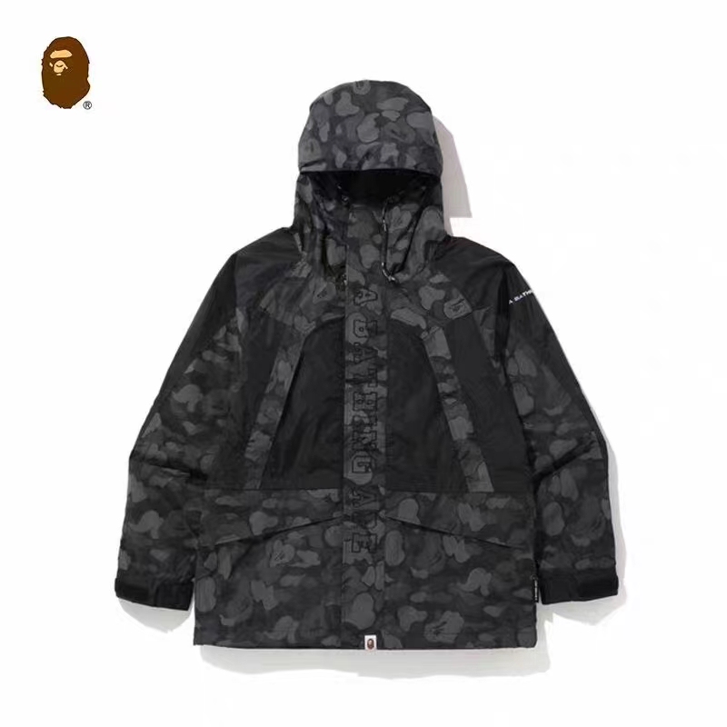 Bape Men's Clothing in the Same Color Range with Letter Embroidery, Reflective Polka Dot Camouflage Ape Head Hooded Jacket, Ski Jacket