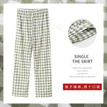 Sleeping Pants Lady Summer Pure Cotton Day Ensemble Plaid Korean Version Casual Loose Long Pants Mid-Waist Spring Autumn Full Cotton Home Pants Wear